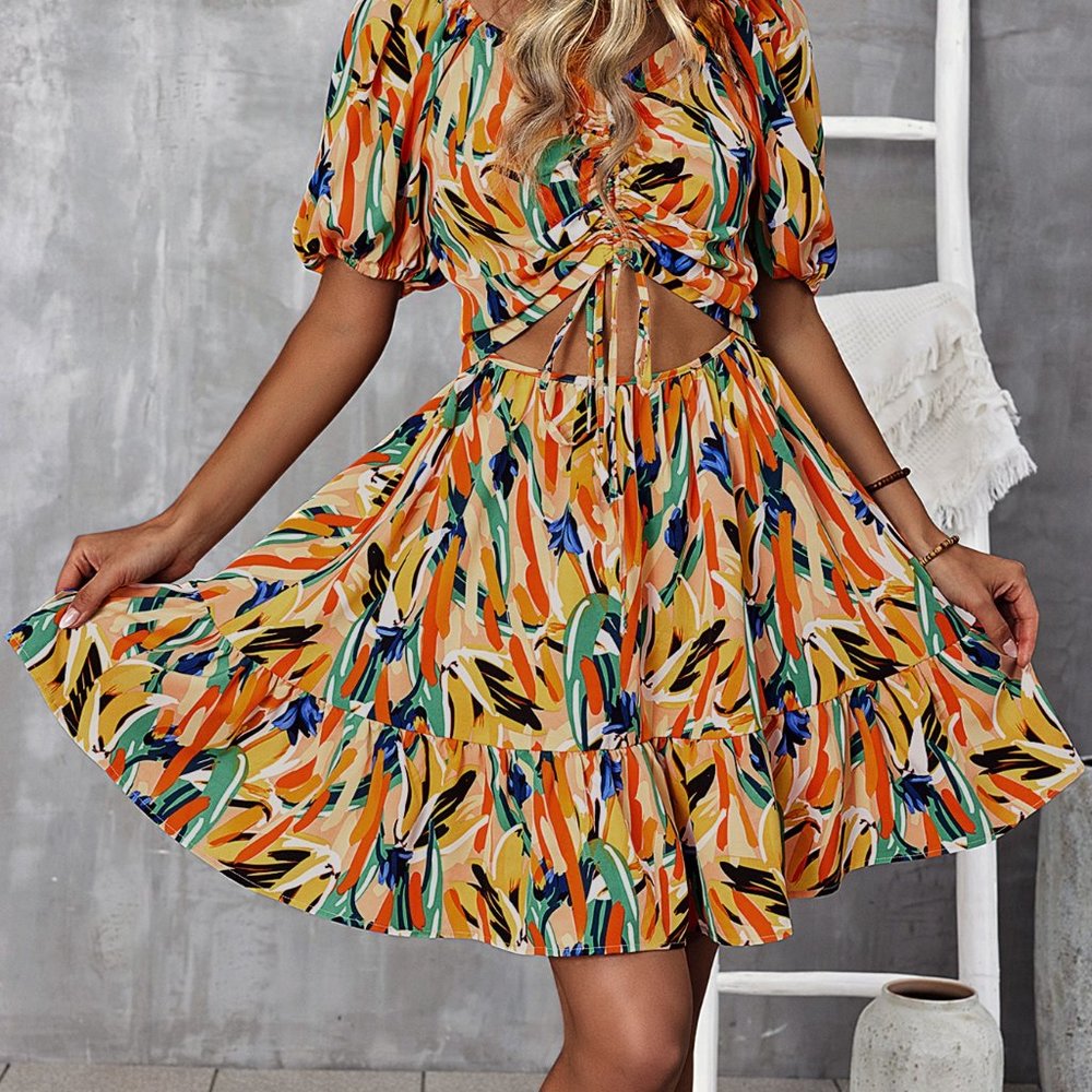 New Allover Print Cut Out Drawstring Front Puff S… - image 5